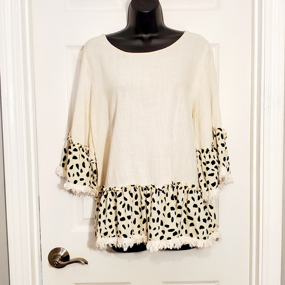 Umgee Tops - Umgee Mixed Media Cream and Black Polka Dot Ruffle Blouse L